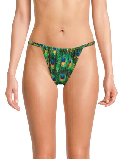 Weworewhat Women's Adjustable Ruched Peacock-print Bikini Bottom In Green