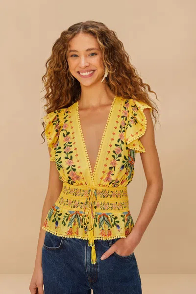 Farm Rio Active Yellow Delicate Flowers Stripes Blouse