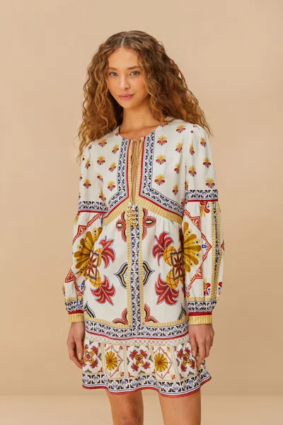 Farm Rio Off-white Marys Tiles Lenzing Ecovero Euroflax Mini Dress In Neutral