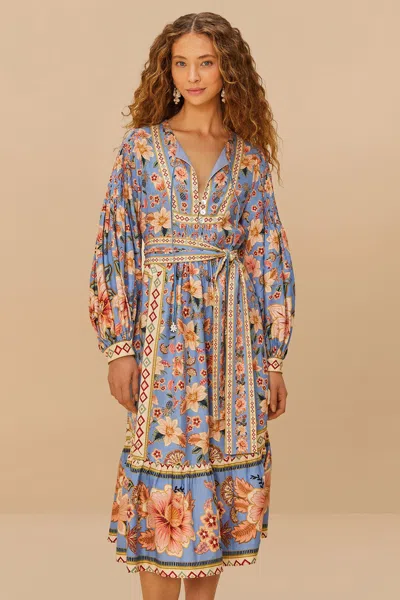 Farm Rio Blue Superbloom Tapestry Lenzing Ecovero Euroflaxmidi Dress In Blue