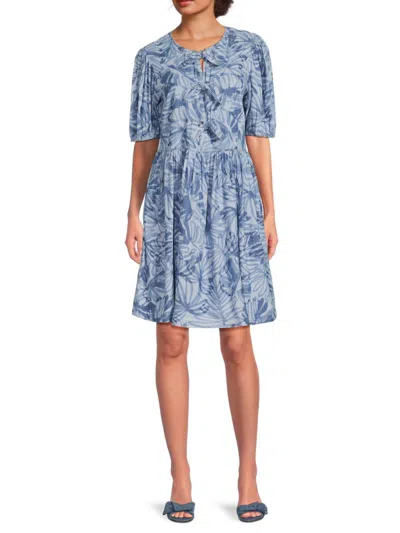 Nautica Women's Leaf Print Puff-sleeve Minidress In Blue