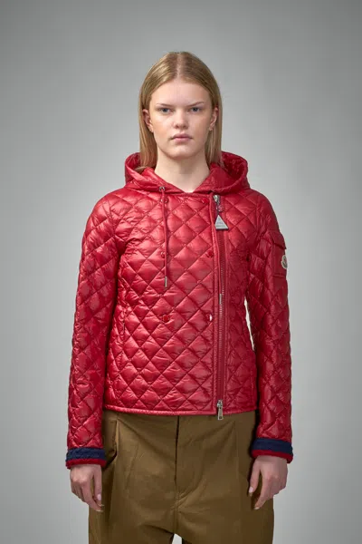 Moncler Corbelin Diamond-quilted Hooded Down Jacket In Red