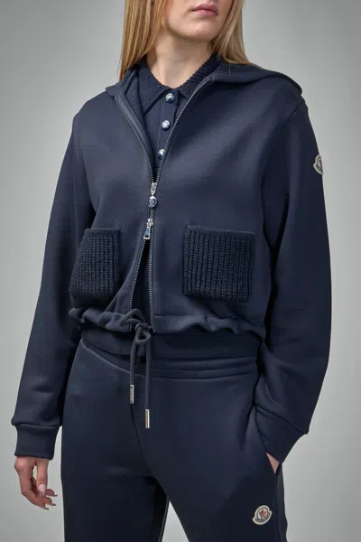Moncler Knit Accent Cotton Zip-up Hoodie In Blue