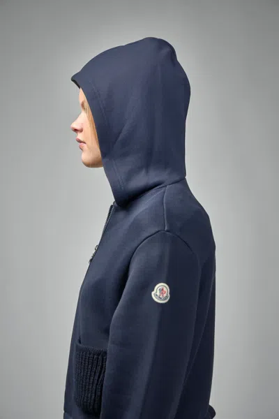 Moncler Knit Accent Cotton Zip-up Hoodie In Blue