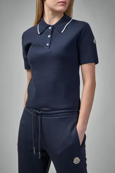 Moncler Knit Cotton Polo Shirt In Blue