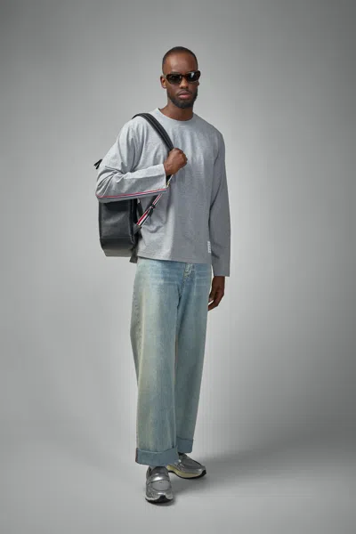 Thom Browne Oversized Long Sleeve Tee W/ Rwb Knit Trim In Gray