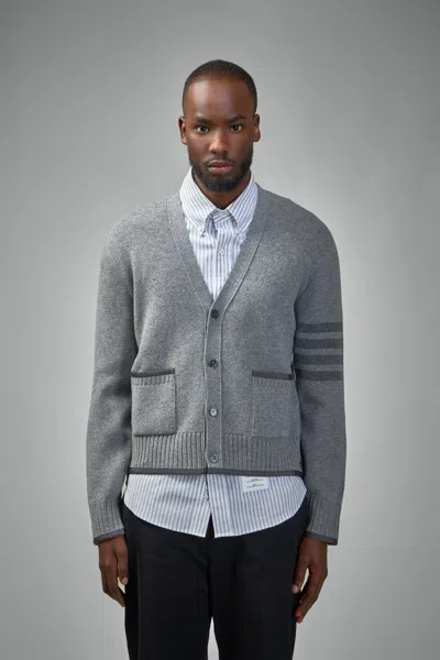 Thom Browne Milano Stitch V Neck Cardigan In Merino Wool In Gray