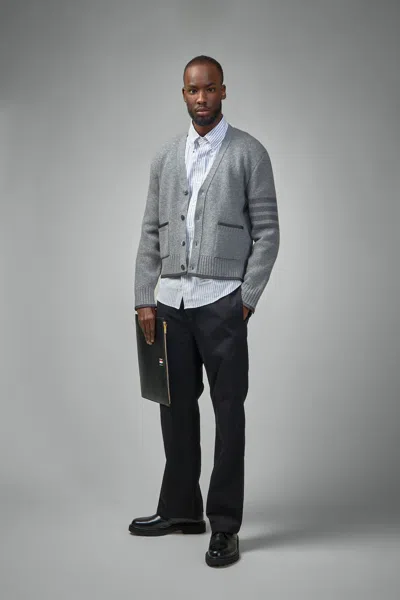 Thom Browne Milano Stitch V Neck Cardigan In Merino Wool In Gray