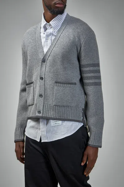 Thom Browne Milano Stitch V Neck Cardigan In Merino Wool In Gray