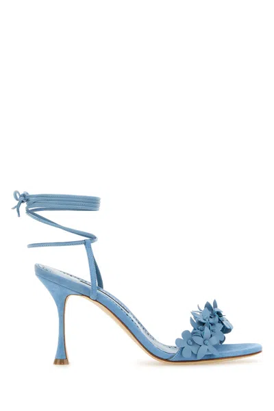 Manolo Blahnik 90mm Flower-embellished Lace-up Heeled Sandals In Blue