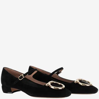 Ferragamo Suede Gancini Heeled Ballerina With Gold Hardware In Black