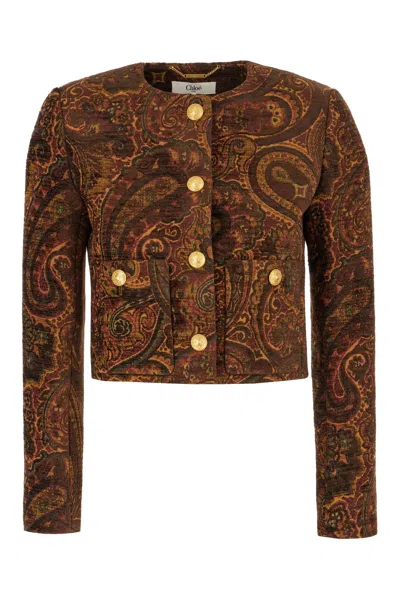 Chloé Multicolor Cropped Jacket With Round Neck And All-over Motif In Cotton Blend Woman In Brown