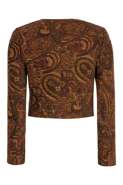 Chloé Multicolor Cropped Jacket With Round Neck And All-over Motif In Cotton Blend Woman In Brown
