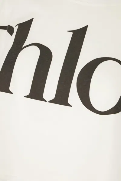 Chloé White Cropped T-shirt With Logo Lettering Print In Cotton Woman