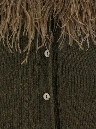 Blumarine Green Cardigan With Removable Feather Collar In Wool Woman