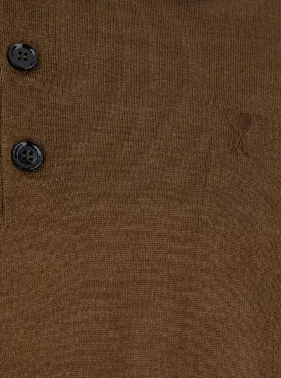 Ami Alexandre Mattiussi Ami Paris Men Brown Polo Shirt With Classic Collar And Logo Embroidery On The Front In Wool And Silk In Brown