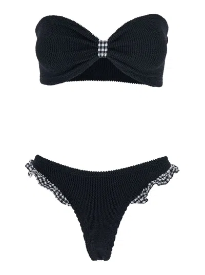 Hunza G Jean Ruffled Gingham-trimmed Seersucker Bandeau Bikini In Black