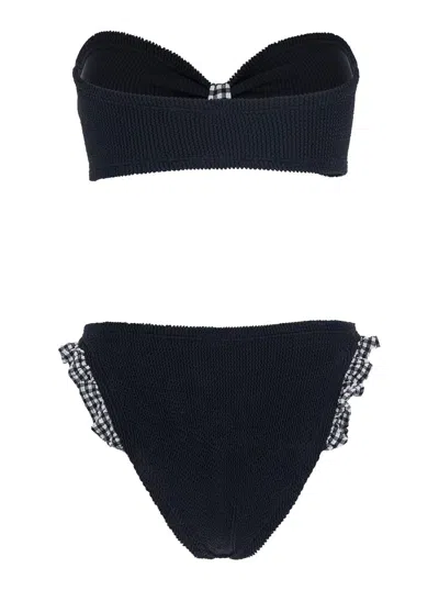 Hunza G Jean Ruffled Gingham-trimmed Seersucker Bandeau Bikini In Black