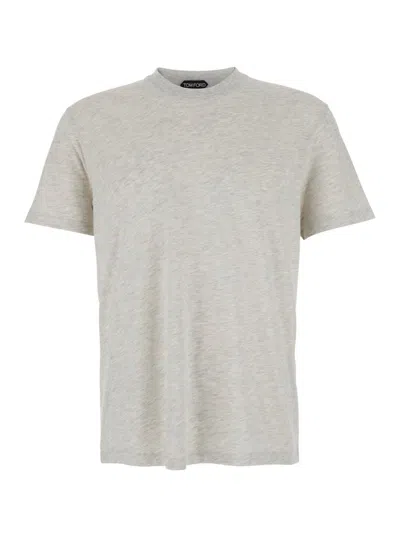 Tom Ford White Crewneck T-shirt With Tf Embroidery In Lyocell And Cotton Blend Man In Gray