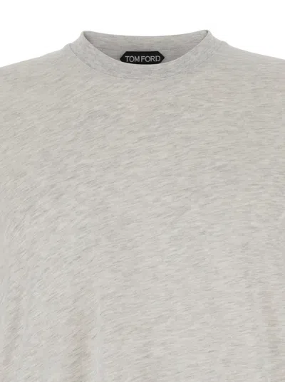 Tom Ford White Crewneck T-shirt With Tf Embroidery In Lyocell And Cotton Blend Man In Gray