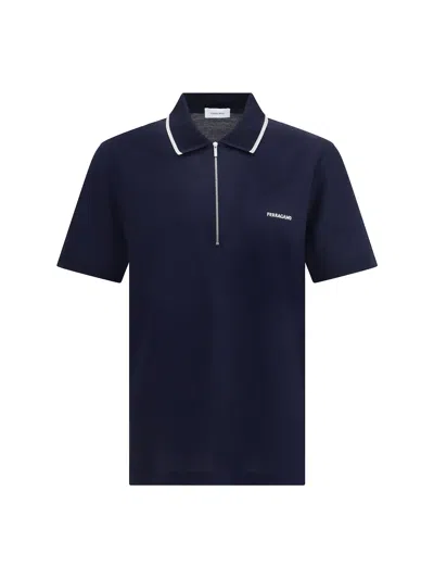 Ferragamo Zip Collar Polo Shirt In Blue