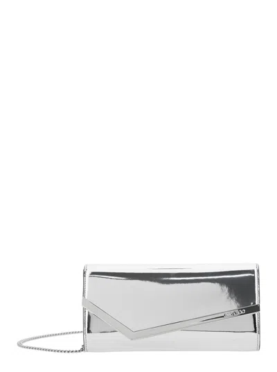 Jimmy Choo Emmie Metallic Envelope Clutch With Logo Lettering On The Front And Chain-link Shoulder Strap In Lea