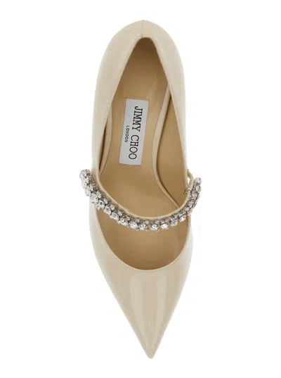 Jimmy Choo Bing White Pumps With Crystal Embellishments And High Cone Heel In Patent Leather Blend Woman In White