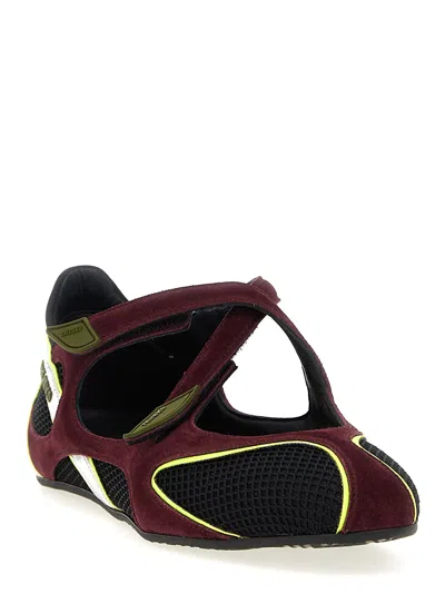 Attico Nomad Bordeaux Ballet Shoes With Criss-crossed Straps And Mesh Panels In Tech Fabric And Suede Woman In Black