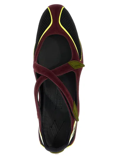 Attico Nomad Bordeaux Ballet Shoes With Criss-crossed Straps And Mesh Panels In Tech Fabric And Suede Woman In Black