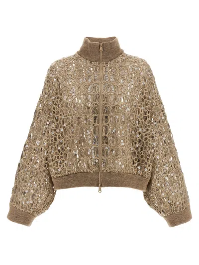 Brunello Cucinelli Dazzling Croc Embroidery Sweaters And Cardigans Beige