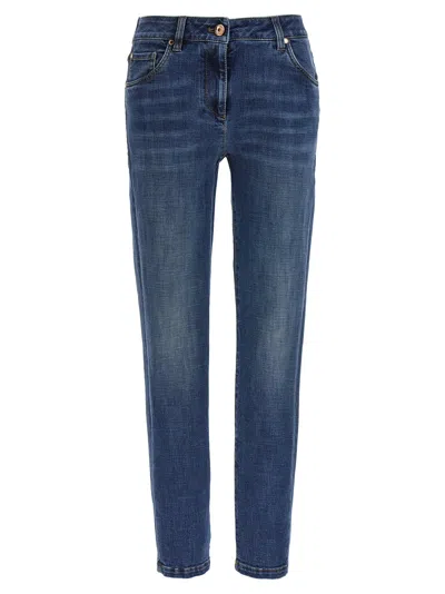 Brunello Cucinelli Embellished Skinny Cotton Jeans With Contrast Stitching