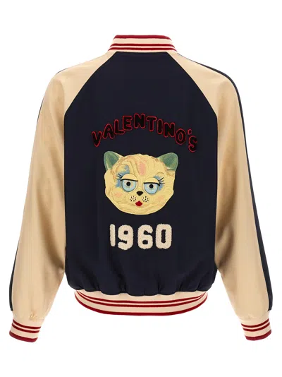 Valentino Sporty Bomber Jacket With Embroidered Details In Blue