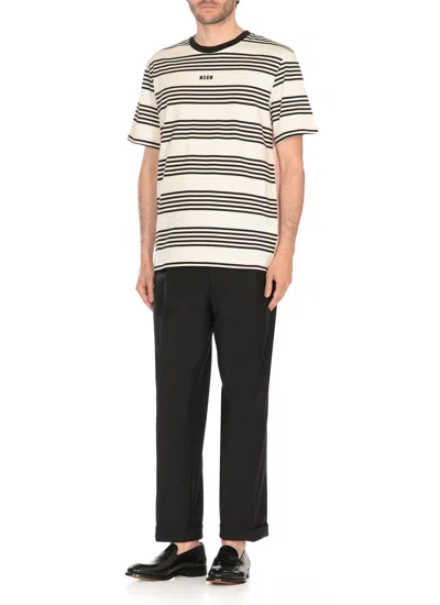 Msgm Rear Contrast Stripes Crew Neck T-shirt In Black