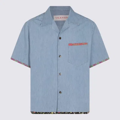 Valentino Garavani Denim Bowling Shirt With Floral Trim In Blue