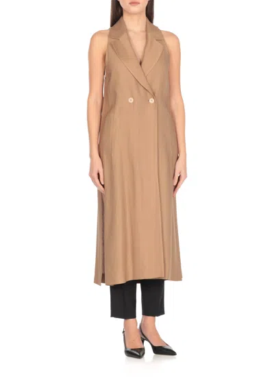 Peserico Linen And Viscose Midi Dress With Lapel Collar In Brown