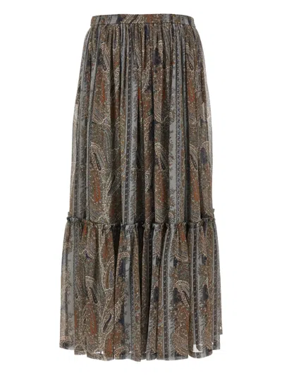 Saint Laurent Lightweight Tiered Paisley Skirt In Brown