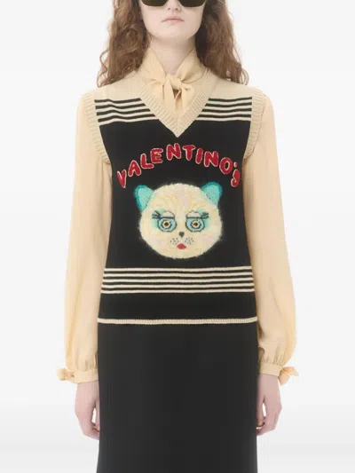 Valentino Cat-motif Stripe-detail Vest In Black