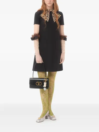 Valentino Embellished Pussy-bow Wool And Silk-blend Crepe Mini Dress In Black