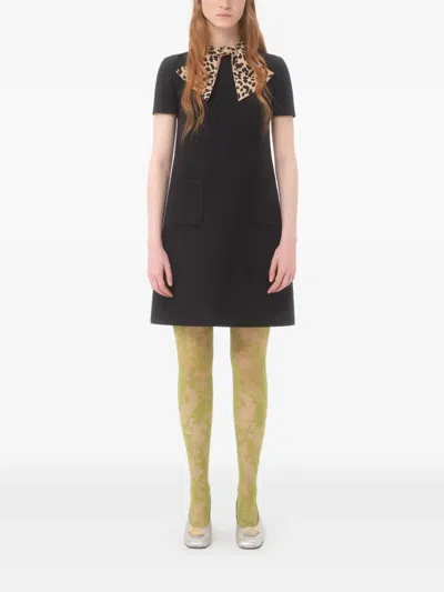 Valentino Embellished Pussy-bow Wool And Silk-blend Crepe Mini Dress In Black