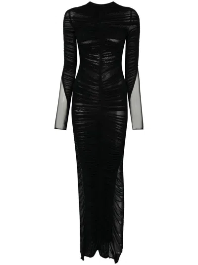 Mugler Ruched Maxi Pencil Dress In Black