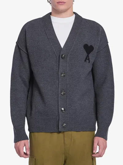 Ami Alexandre Mattiussi Ami Paris Ami De Coeur Heather Grey Wool Cardigan Men