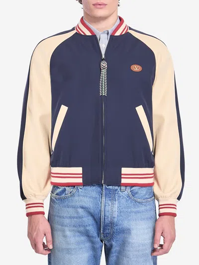 Valentino Sporty Bomber Jacket With Embroidered Details In Blue