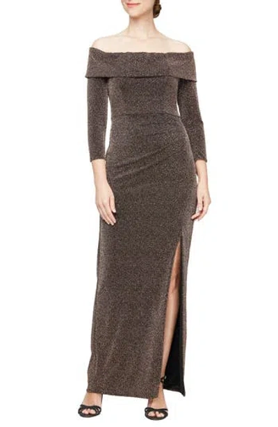 Alex Evenings Metallic Off The Shoulder Knit Sheath Gown