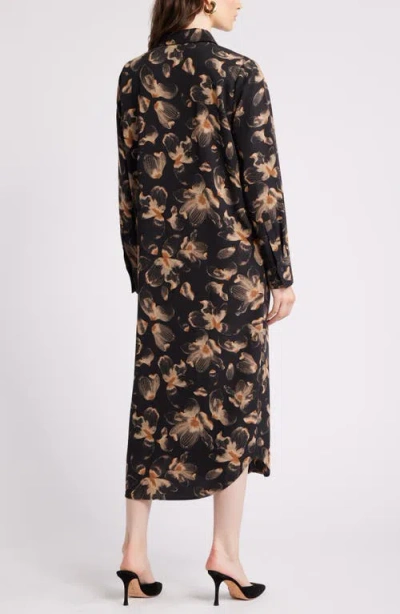 Nordstrom Long Sleeve Satin Midi Shirtdress In Black