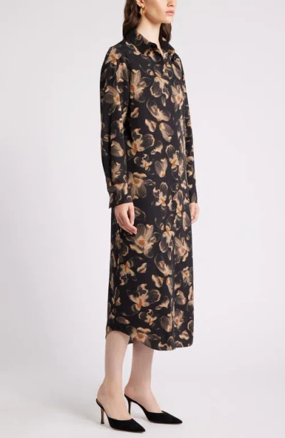 Nordstrom Long Sleeve Satin Midi Shirtdress In Black