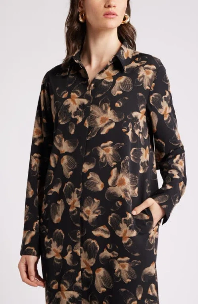Nordstrom Long Sleeve Satin Midi Shirtdress In Black