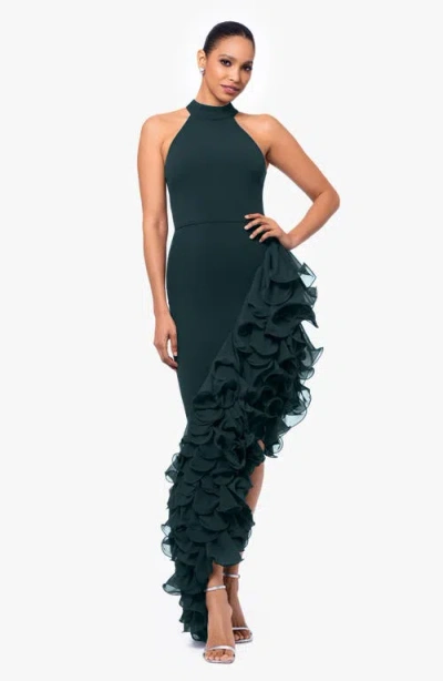 Betsy & Adam Ruffle Detail Asymmetric Body-con Ponte Gown