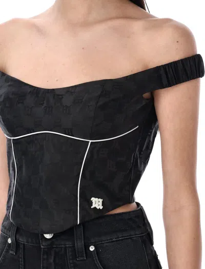 Misbhv Fitted Off-the-shoulder Textured Corset Top In Black