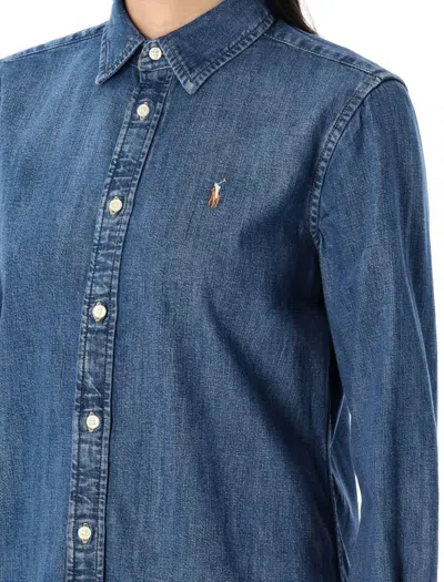 Polo Ralph Lauren Blue Shirt With Classic Collar And Pony Embroidery On The Front In Denim Woman In Blue