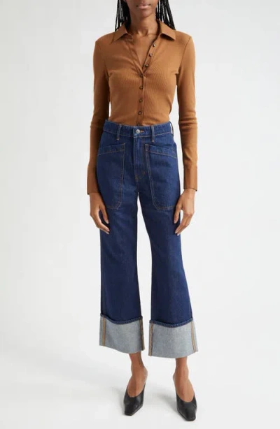 Veronica Beard Dylan Cuffed High Waist Relaxed Straight Leg Jeans In Blue